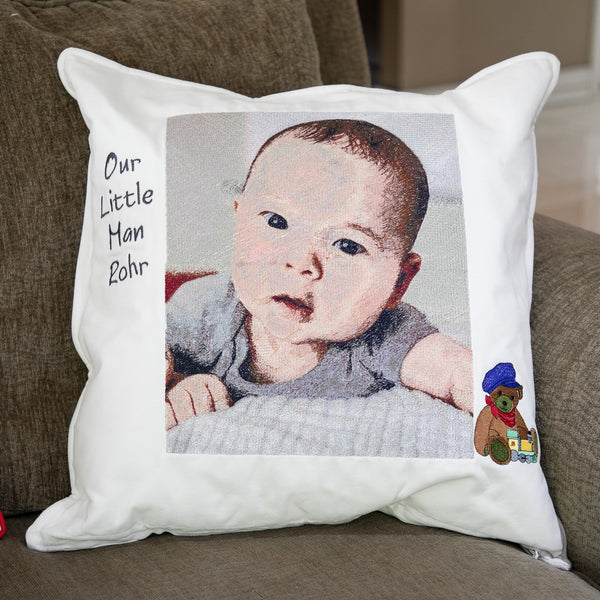 Custom Embroidered Pillow Portrait with Personalization