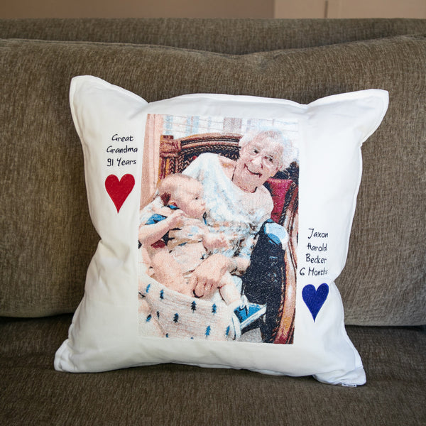 Custom Embroidered Pillow Portrait with Personalization